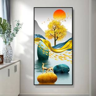 入户迎门玄关装饰晶瓷画竖版走廊过道玄幻壁画8D客厅麋鹿大气挂画