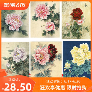 工笔画打印白描底稿牡丹小品6幅一套有步骤图初学者临摹勾线练习