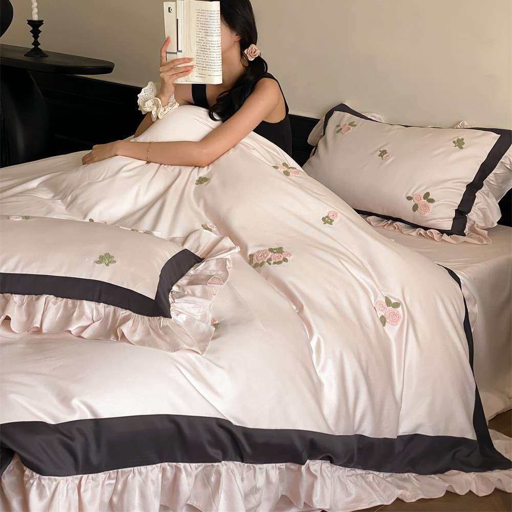 少女心荷叶花边纯棉陶瓷磨毛四件套毛巾绣加厚被套床上用品