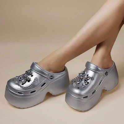 Womens Silver Platform Clogs Summer 2024 Comfortable Slip
