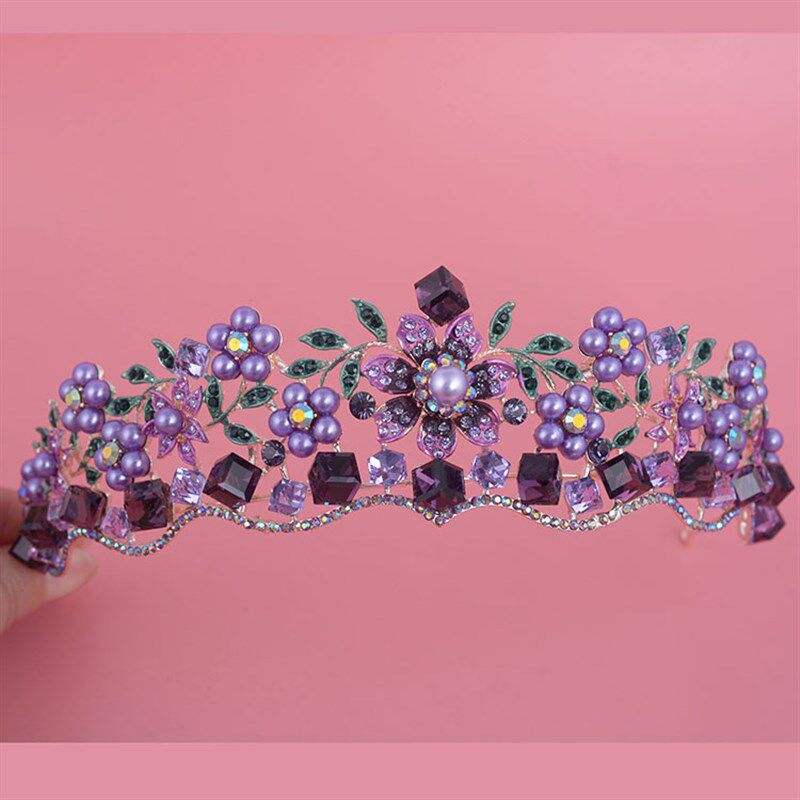 Luxury Baroque Purple Crystal Pearl Bridal Crown Tiara Magni