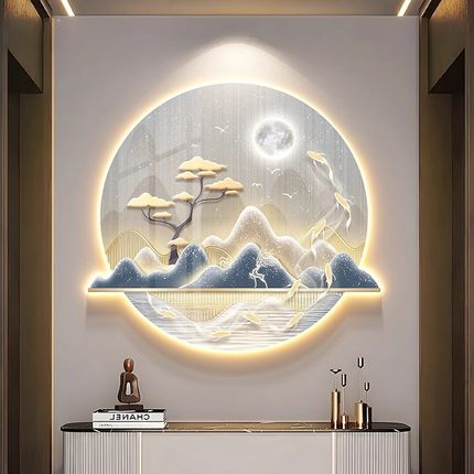 带灯入户正对门挂画九鱼图玄关装饰画LED发光客厅壁灯画走廊挂画