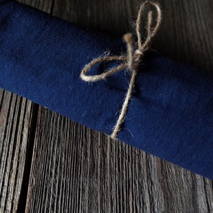 倚山人蓝染色手工织土棉布手缝刺子绣茶席茶巾层长方形桌旗