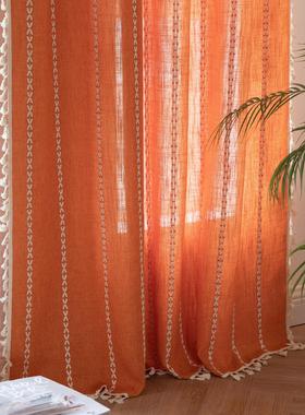 西恩窗帘成品橙色多条纹线条撞色厨房帘半遮光飘窗帘跨境工厂