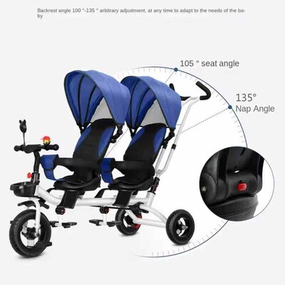 Twin Tricycle Childrens Baby Carriage Double Sitting Pedal