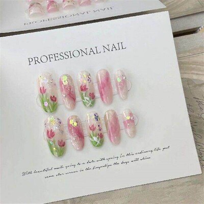 Pink Smudging Fake Nails with Tulip Printed Easy to Apply