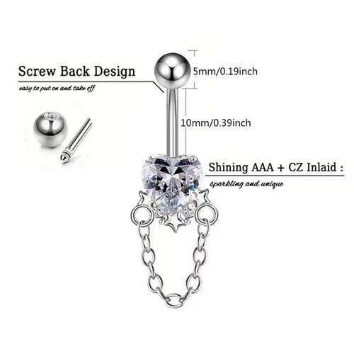 Heartshaped Zircon Chain Belly Button Ring Piercing Jewelry