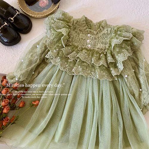 Green childrens clothing girls spring dress new stitching m
