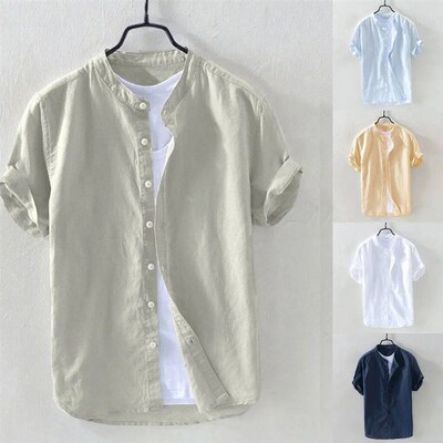 2023 New Mens Casual Blouse Cotton Linen Shirt Loose ops Sh