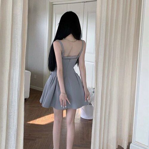 Square Neck Strap Dress Womens Summer Korean Edition Black