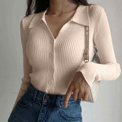 Women Lapel Slim Slimming Tops Ladies Hollow Buttons Sexy V
