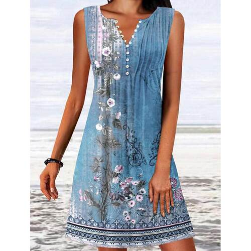 Elegant Plant Flower Print Dress Womens Button V Neck