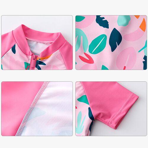 Good Front Zipper Retro One Piece Swimsuit Girls Pink Print