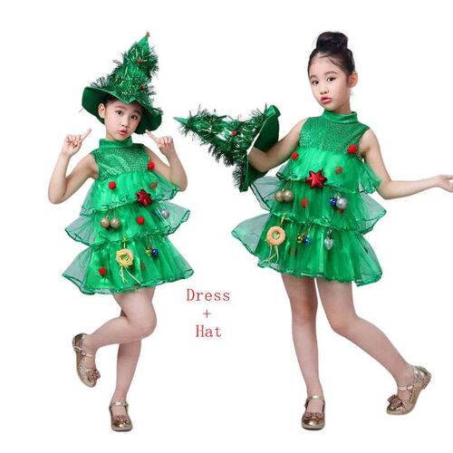 Girls Boys Christmas Santa Claus Costume Green Elf Cosplay