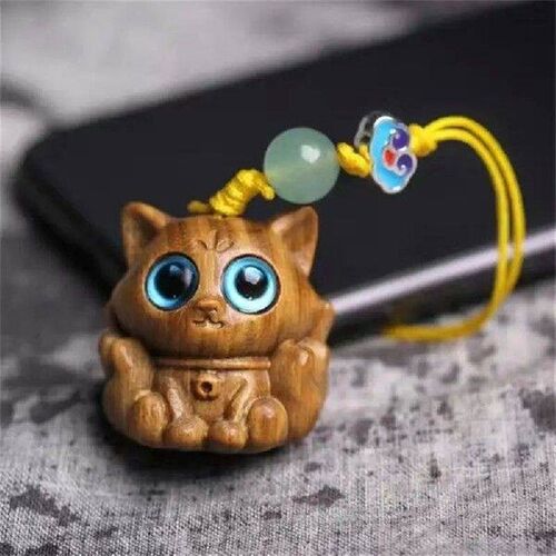Sandalwood Hand Carved Wood Cat Carved Big Eyed Cute Cat