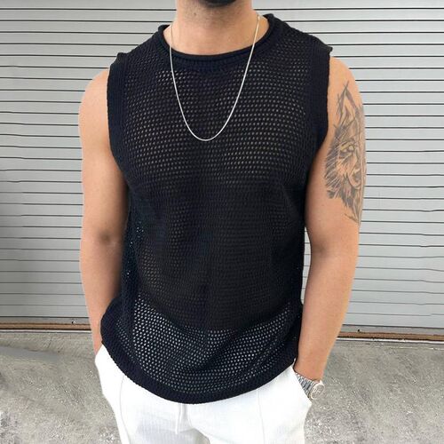 2025 Knitted Sweater Mens Round Neck Sleeveless Hollow Pull