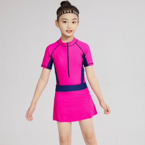 Zipper Front Kids Girl Two Piece Swimsuit With Skirt Short S