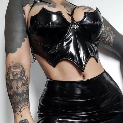 InsDoit Gothic Summer PU Black Camis Women Punk Grunge Sleev