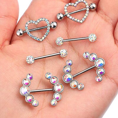 2pcs Titanium Nipple Piercing Heart Barbell 14G Opal Nipple