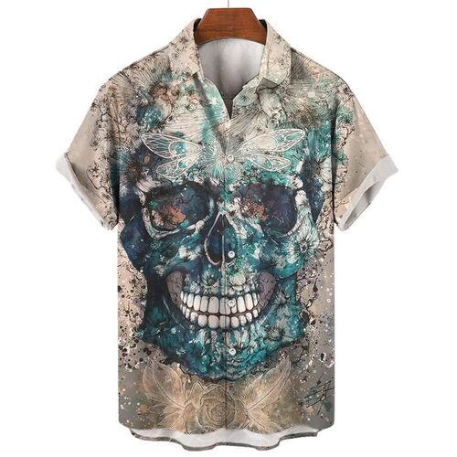 2023 Hawaiian Mens 3D Printed Shirt Summer Skull Head Retro