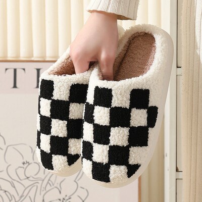 Checkerboard Cotton Slippers For Men And Women, Indoor Home
