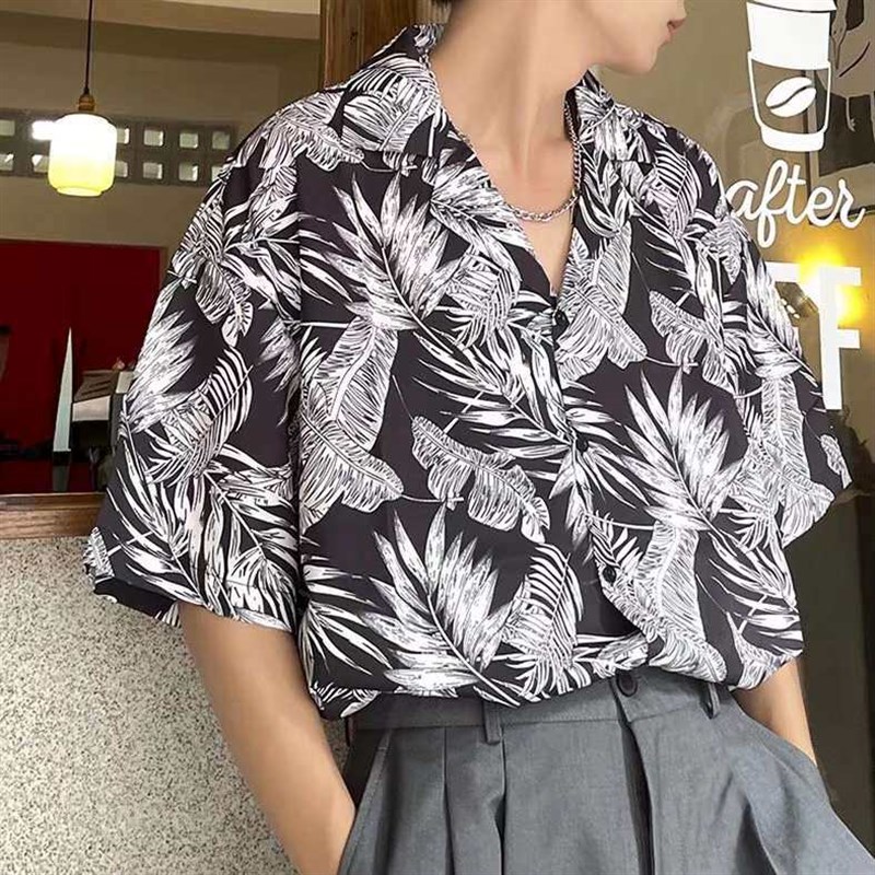 Hawaiian Floral Short-sleeved Shirt Mens Loose All-match Su - 实物图
