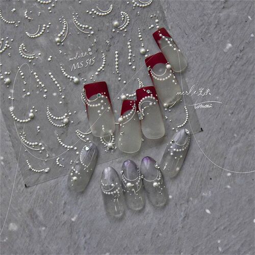 1pcs White 5D Pearl Lace Wave Lines Nail Art Stickers Elegan