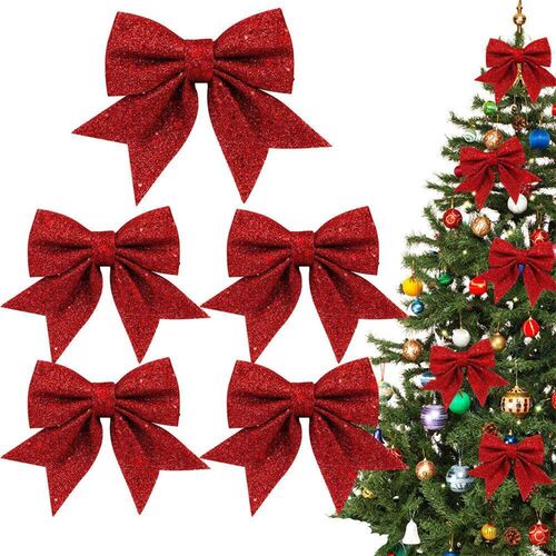 5Pcs 14cm Christmas Sparkling Bows Decoration Xmas Tree Pend
