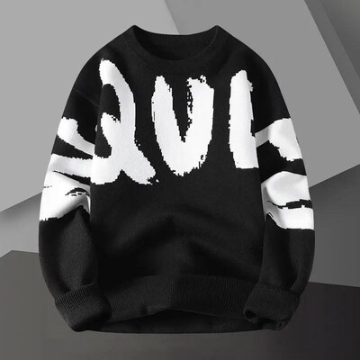 Letter Contrast Printing Sweater Pullover Crew Neck Men Swet