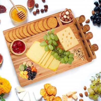 Bamboo Wood Cheese Cutting Board Cheese Slicer Fork Knife