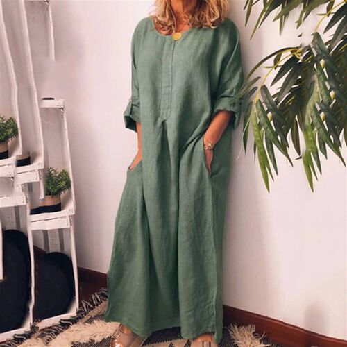 WomenS Casual Cotton And Linen Solid Color Loose Dress