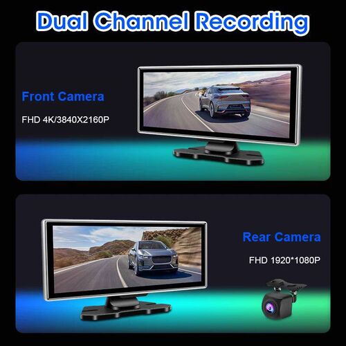 11.26 inch Car DVR 4K Dash Cam Dual Lens Wireless Carplay &