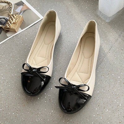 round toe bow-detail leather ballet flat loafers Shoes with