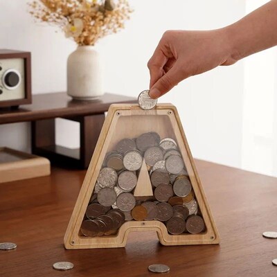 26 English Alphabet Moneybox Coin Money Piggy Bank Wooden Le
