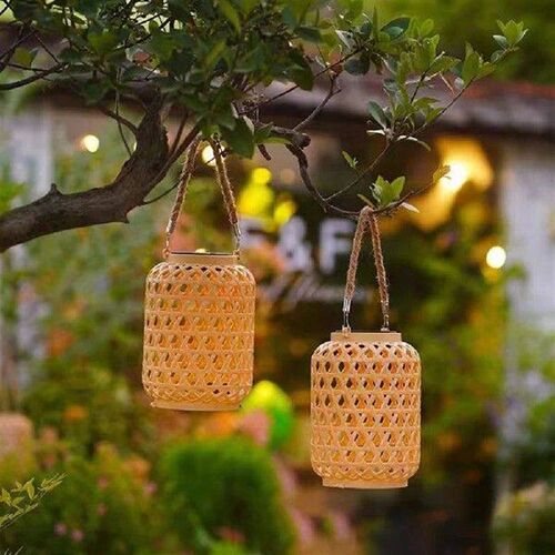 Outdoor Hanging Light with Handle Solar Rattan Lantern