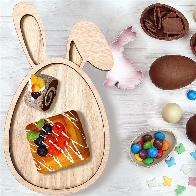 Easter Bunny Tray Wood Food Plate Fruit Serving Bread Displa - 实物图