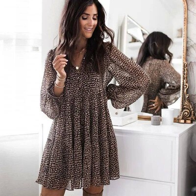 Womens Loose-Fit Leopard Slipslantern Sleeve V-Neck Dress