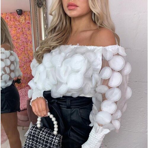 Fashion Elegant Slash Neck Puff Sleeve Blouse Women Patchwor