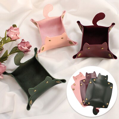 Cute Cat Shape Leather Storage Tray Dice Box Coin Desktop Je