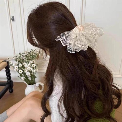 Double-layered lace hair scrunchie, large French white bow w