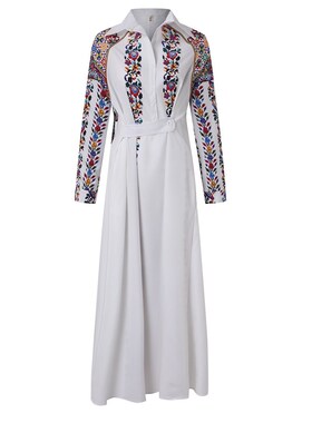 Elegant Ethnic Style Long Shirt Dress Lapel Flower Print