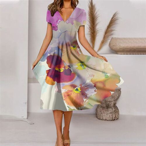 Women Vintage Short Sleeve V-Neck Floral Printed Dresses
