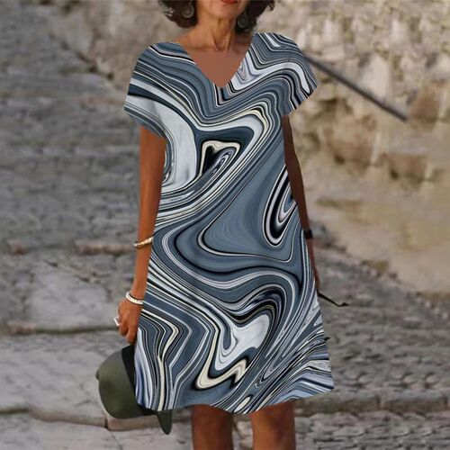 Painted Printed Summer Dress Women  New Short Sleeve V Neck