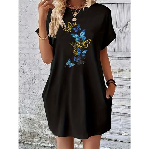 Womens Summer Loose butterfly Print Round Neck Short