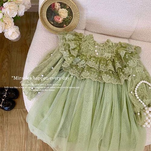 Green childrens clothing girls spring dress new stitching m