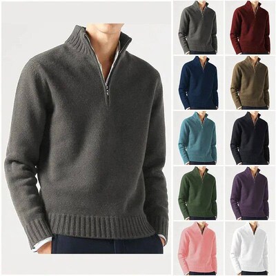 Winter Mens Cashmere Zipper Basic Sweater Mens Fleece Thick