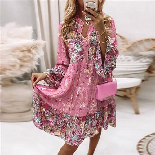 Womens Ladies Summer Smock Long Sleeve Floral Dress