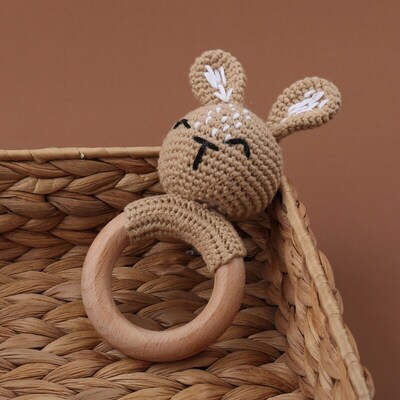 1pc Wooden Crochet Bunny Rattle Toy BPA Free Wood Ring Baby