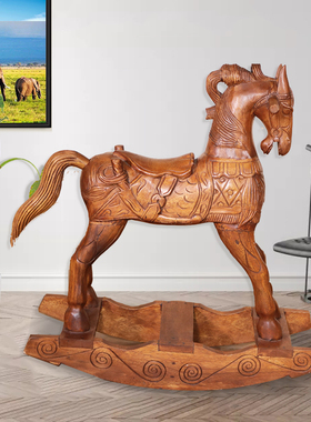 泰国创意木雕彩绘儿童实木摇摇马木马家居店面装饰摆件摇椅子