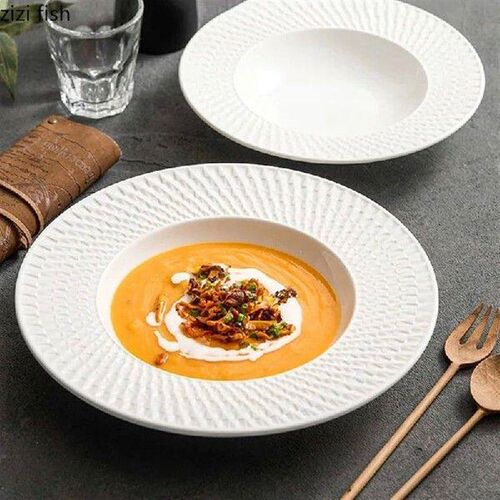 Relief Texture Ceramic Deep Plate Thick Soup Plate Salad